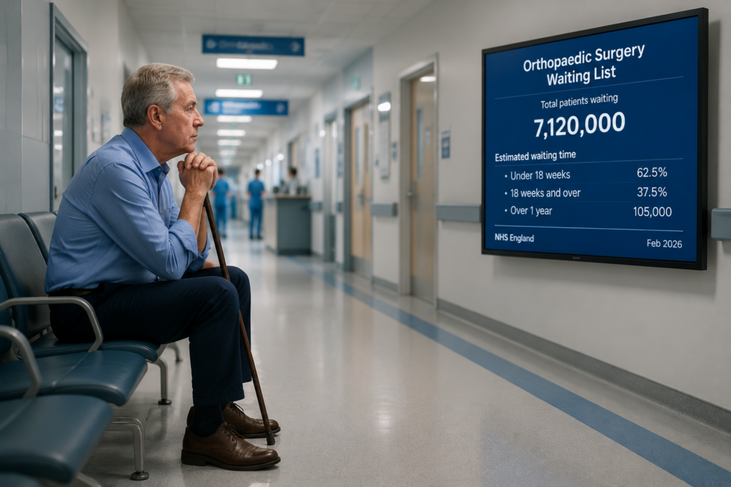 Пожилой пациент смотрит на экран с данными об очереди NHS на ортопедическую операцию