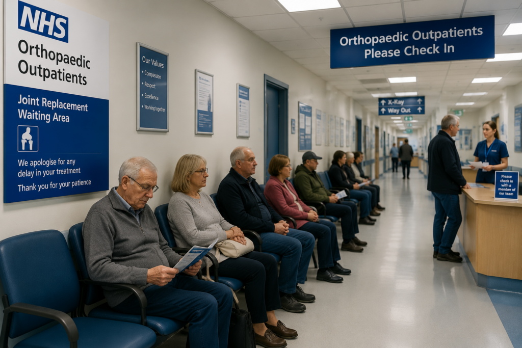 Пациенты в зоне ожидания NHS с табличками об очереди на замену сустава