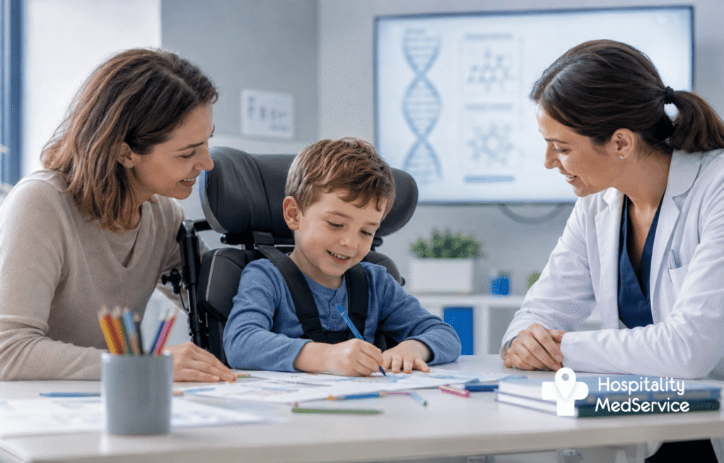 Child with SMA in a supportive wheelchair drawing at a table with his mother and a doctor, DNA diagram displayed on a screen behind them