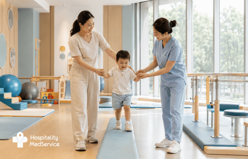 A young patient takes part in therapeutic exercise at a pediatric rehabilitation center in China