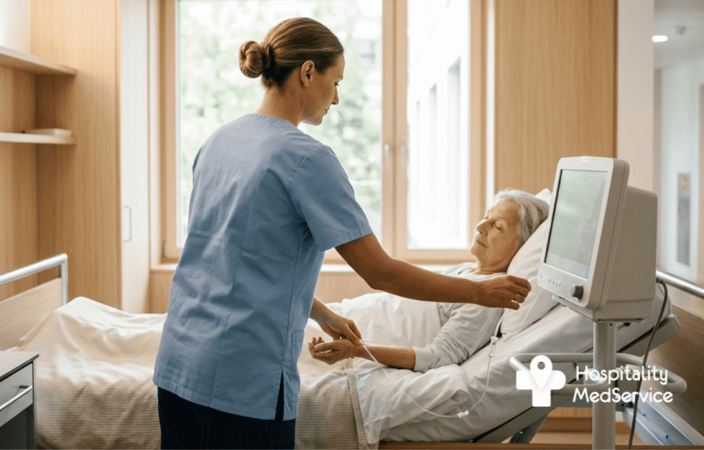 A nurse at a Swiss hospital monitoring a patient — reflecting the country's high standards of nursing care
