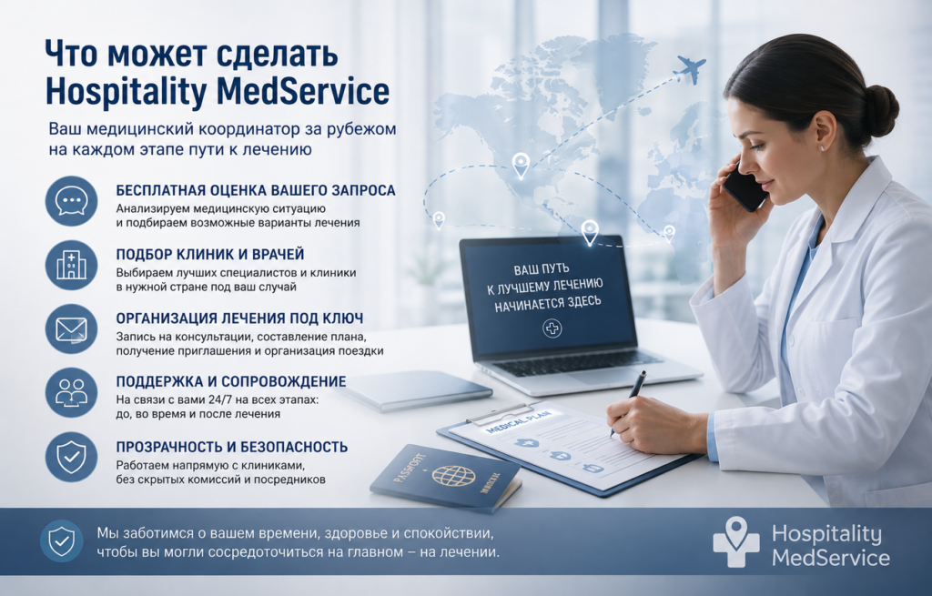 Hospitality MedService помогает пациентам подобрать клинику и врача за рубежом, организовать лечение и сопровождать поездку на всех этапах