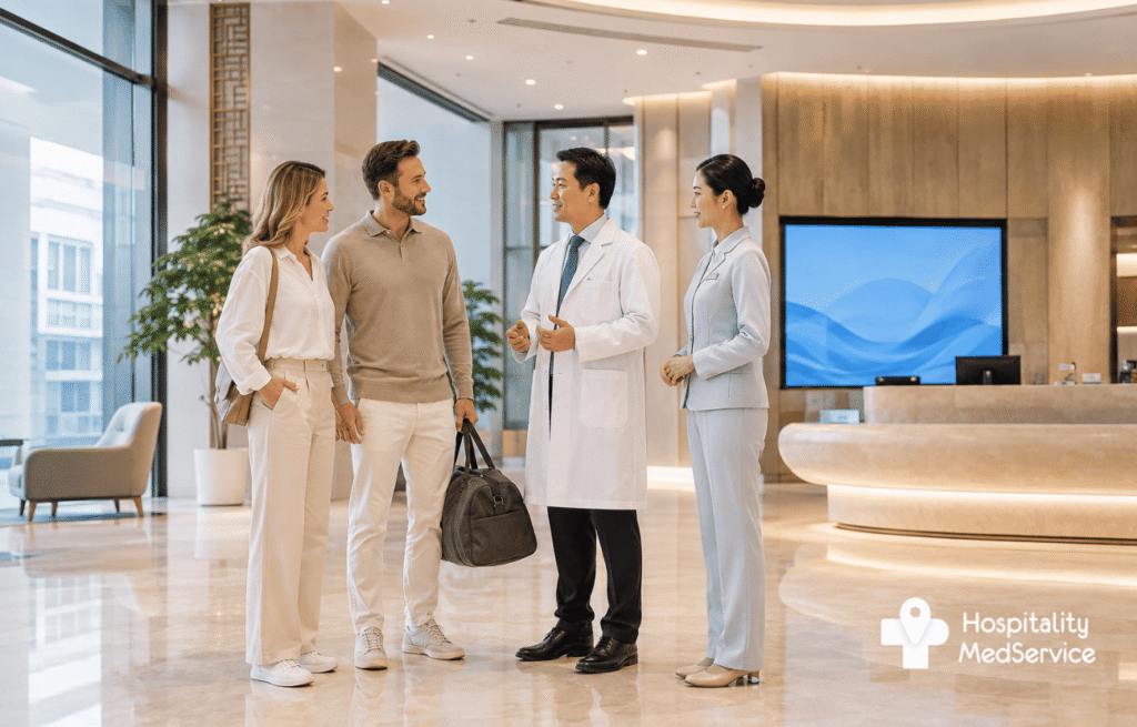 A European couple speaks with a Chinese doctor and medical coordinator in the lobby of a modern international clinic in China