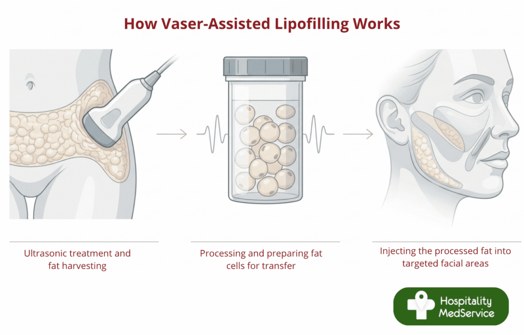 Infographic: three steps of Vaser-assisted lipofilling