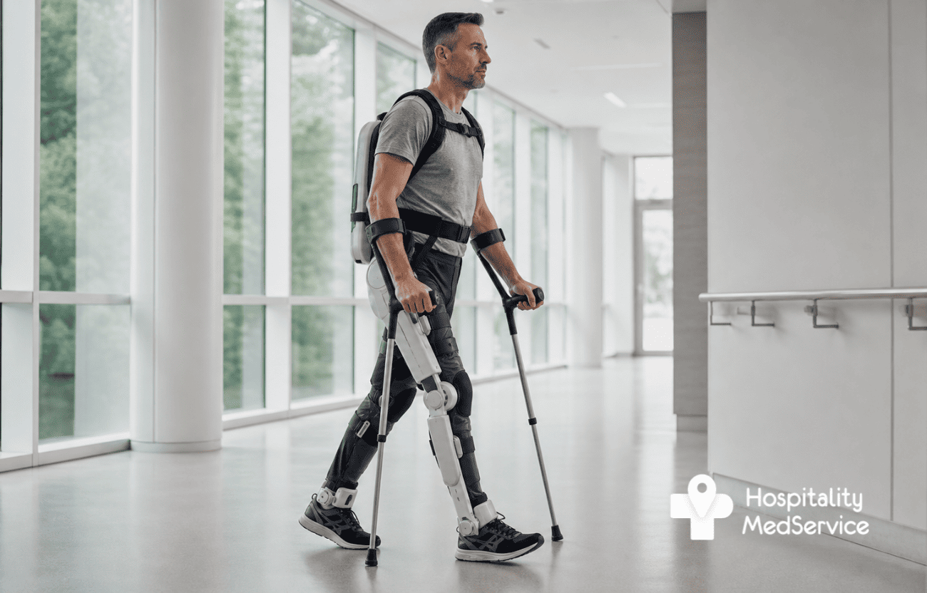 Man practicing walking with a robotic lower-limb exoskeleton, supported by crutches