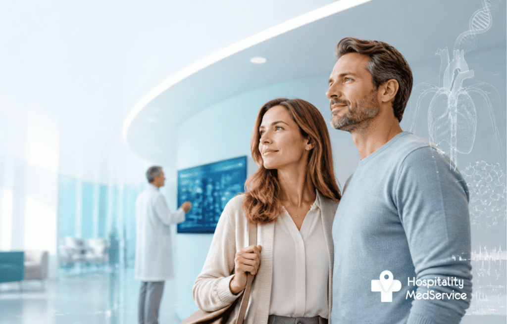 Мужчина и женщина в современной клинике проходят комплексный check-up