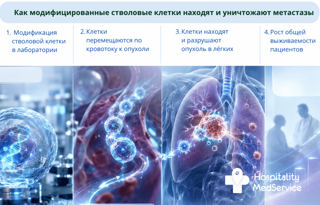 Инфографика: модифицированные стволовые клетки атакуют опухоль в лёгких &mdash; этапы от лабораторной модификации клетки до роста выживаемости пациентов