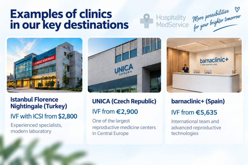 Examples of IVF clinics in key destinations: Istanbul Florence Nightingale in Turkey, UNICA in the Czech Republic, and barnaclínic+ in Spain