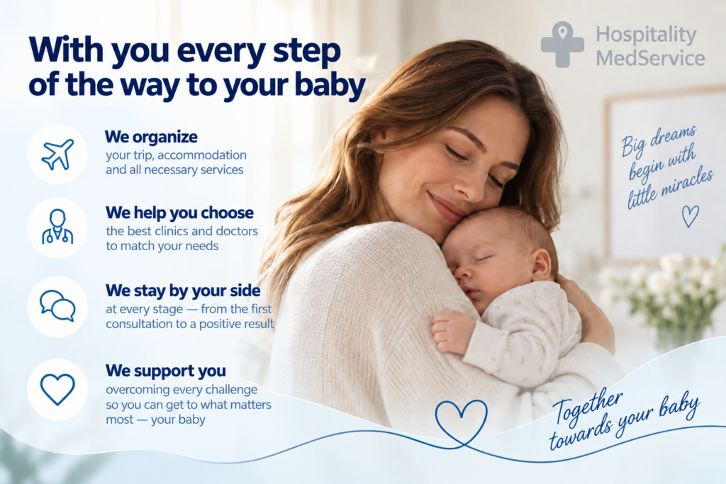 IVF abroad with Hospitality MedService: personalized support, clinic and doctor selection, travel arrangements, and guidance throughout the journey to parenthood