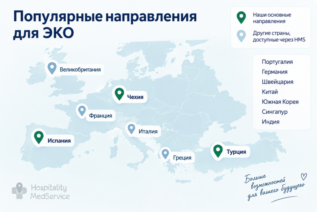 Карта Европы с популярными направлениями для ЭКО за рубежом — Испанией, Чехией и Турцией, а также другими странами, доступными через Hospitality MedService