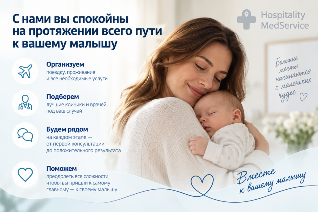 Hospitality MedService сопровождает пациентку на всех этапах ЭКО за рубежом — от подбора клиники и организации поездки до лечения и пути к рождению ребёнка